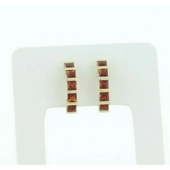 14k Yellow Gold Natural Garnet Earrings J Hoop Half Hoop Earrings - Picture 1 of 9